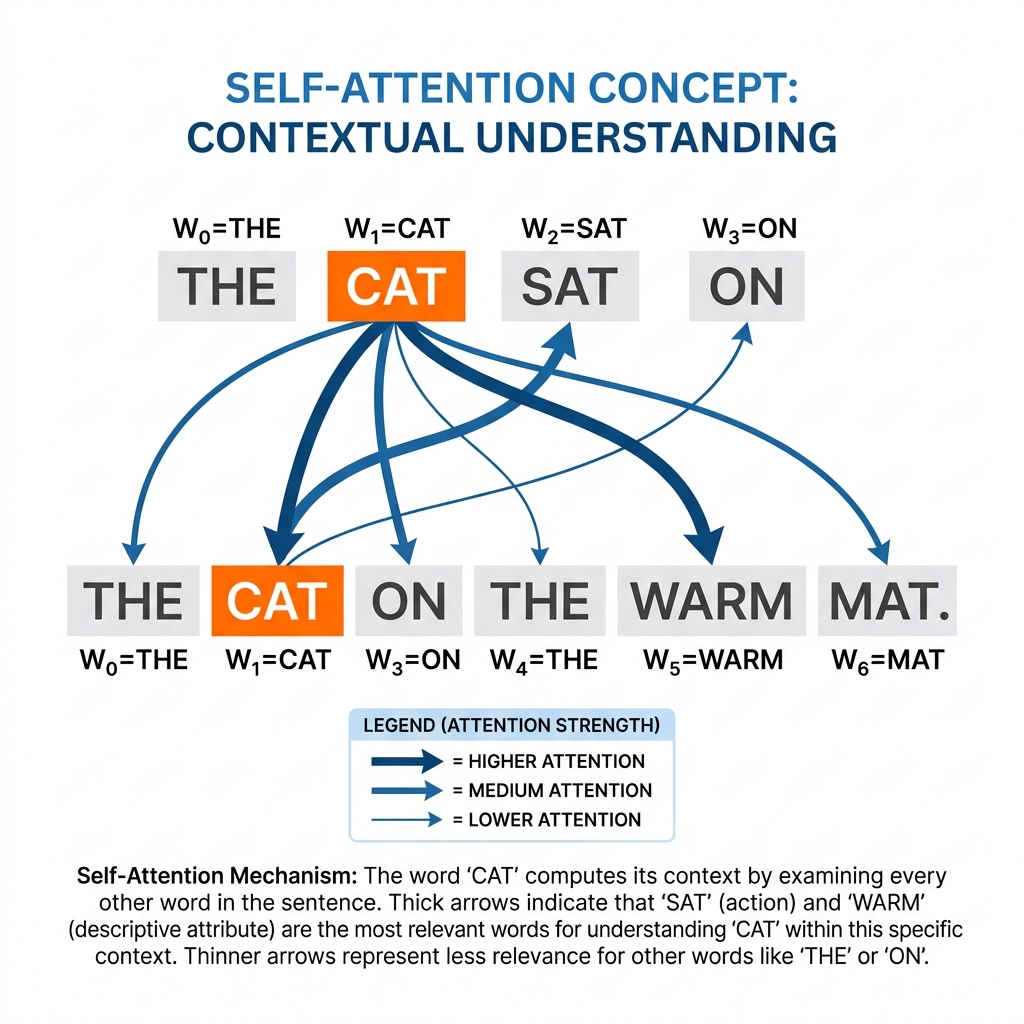 Self-Attention Concept — each word attends to every other word with varying strength