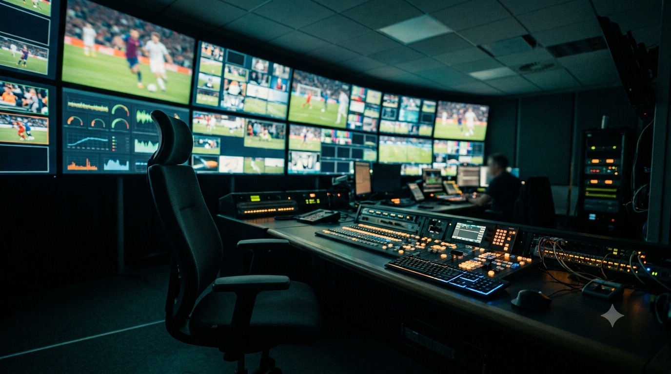 A broadcast control room with a wall of live sport feeds and engineering dashboards